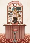  1girl :3 ahoge akira_(manga) bar_stool black_bow black_bowtie bow bowtie breasts cleavage closed_eyes eve_(wall-e) fishnet_thighhighs fishnets hands_on_table highres imac kaneda_shoutarou&#039;s_bike large_breasts long_hair looking_at_viewer maguta original playboy_bunny pointy_chin solo spacex_starship stool tesla_cybertruck thighhighs videocassette wall-e wall-e_(character) wrist_cuffs 
