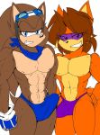  abs akatsukishiranui-fox anthro bedroom_eyes biceps blue_eyes brown_fur canine clothing duo erection erection_under_clothes eyewear fingerless_gloves fox fur gloves goggles half-closed_eyes hand_on_hip hedgehog jayms_the_hedgehog looking_at_viewer male mammal manly multicolored_fur muscular muscular_male nipples orange_fur pecs quads seductive simple_background smile sonic_(series) speedo standing swimsuit two_tone_fur white_background zhengh 