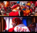  2016 anthro baseball_(sport) baseball_bat baseball_cap baseball_tiger baseball_uniform beard black_fur black_nose blonde_hair blue_fur blush brown_fur canine cheering clothed clothing crowd depth_of_field detailed_background digital_media_(artwork) dog drks ears_back eyes_closed facial_hair fangs feline fur goatee grey_fur group hair hat hi_res inside letterbox licking licking_lips locker_room looking_at_viewer looking_back male mammal multicolored_fur multiple_scenes one_eye_closed orange_fur outside pink_tongue purple_fur red_eyes red_hair smile solo_focus sport teeth tiger tongue tongue_out two_tone_fur uniform white_fur white_hair wolf 