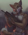  5_fingers anthro assault_rifle brown_eyebrows canine clothed clothing fire fox fur green_eyes gun holding_object holding_weapon koul male mammal orange_fur pants ranged_weapon rifle smile solo tan_fur topless trigger_discipline weapon 