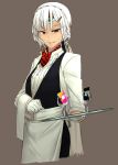  altera_(fate) alternate_costume apron black_vest brown_background collared_shirt commentary fate/grand_order fate_(series) gift_card glass gloves google_play grin hair_ornament hairclip headband holding i-pan long_hair looking_at_viewer necktie parted_lips ponytail red_eyes red_neckwear shirt simple_background smile solo tray upper_body vest waist_apron waitress white_gloves white_hair white_shirt wing_collar 