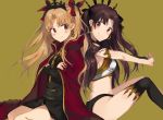  back-to-back bangs bare_shoulders black_dress black_panties blonde_hair blush bone bow brown_hair cape crossed_arms crown detached_sleeves dress earrings ereshkigal_(fate/grand_order) eyebrows_visible_through_hair fate/grand_order fate_(series) hair_bow ishtar_(fate/grand_order) jewelry long_hair long_legs long_sleeves looking_at_another mochii multiple_girls necklace panties parted_bangs red_bow red_cape red_eyes simple_background single_detached_sleeve single_thighhigh sitting smile thighhighs underwear yellow_background 