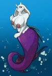  areola big_breasts blue_background breasts bubble caprine female fin fur goat horn huge_breasts hybrid long_ears looking_at_viewer mammal marine merfolk nude purple_scales purple_tail quelico red_eyes scales simple_background smile solo tail_fin toriel undertale underwater video_games water white_fur 