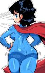 1girl absurdres ass black_hair blue_bodysuit blue_eyes blush bodysuit breasts cape closed_mouth dc_comics dot_mouth from_behind genderswap genderswap_(mtf) hands_on_own_hips highres looking_at_viewer looking_back rariatto_(ganguri) red_cape short_hair solo superhero_costume superman superman_(series) superman_logo superwoman thighs 