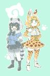  :3 :d animal_ears ankle_boots black_footwear black_skirt blonde_hair blue_shirt blush boots bow bowtie closed_mouth commentary common_raccoon_(kemono_friends) elbow_gloves eyebrows_visible_through_hair fangs gloves green_background grey_legwear hands_on_hips high-waist_skirt japari_symbol kemono_friends looking_at_viewer mitsumoto_jouji multicolored_hair multiple_girls open_mouth orange_eyes orange_legwear orange_neckwear orange_skirt pantyhose pleated_skirt puffy_short_sleeves puffy_sleeves raccoon_ears raccoon_tail red_eyes serval_(kemono_friends) serval_ears serval_print serval_tail shirt shoes short_hair short_sleeves simple_background skirt smile smug standing tail thighhighs white_footwear white_shirt 