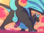  2024 anus backsack balls black_body blue_body bodily_fluids dragon feral genital_fluids genitals hi_res horn looking_back male multicolored_body mythological_creature mythological_scalie mythology penis precum scafen_(artist) scalie solo wings xelereth 