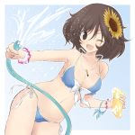  ;d akiyama_yukari bikini blue_background blue_bikini bow_bikini bracelet breasts brown_eyes brown_hair bullet cleavage commentary_request droplet dutch_angle flower frilled_bikini frills getsumen_suibaku_ver._a(c) girls_und_panzer hair_flower hair_ornament highres holding hose jewelry light_particles looking_at_viewer medium_breasts messy_hair navel necklace one_eye_closed open_mouth outside_border short_hair side-tie_bikini smile solo sponge standing sunflower swimsuit water_drop 