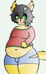  anthro belly big_belly black_hair blush bulge cat catsikune catsikune_(character) clothing cute feline fluffy fluffy_tail fur girly green_eyes hair looking_at_viewer male mammal moobs navel overweight shorts simple_background solo sweater thick_thighs yellow_fur 