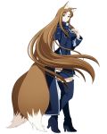  animal_ears blue_dress blue_footwear boots breasts brown_hair dress floating_hair fox_ears fox_tail from_side full_body green_eyes log_horizon long_hair looking_at_viewer medium_breasts multiple_tails official_art round_table_concil_uniform short_dress smile solo standing sylvia_(log_horizon) tail thigh_boots thighhighs transparent_background two_tails uniform very_long_hair zettai_ryouiki 
