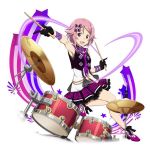  :d ankle_ribbon armpits black_gloves black_ribbon bow drum drumsticks flower frilled_skirt frills full_body gloves hair_bow holding index_finger_raised instrument lisbeth looking_at_viewer miniskirt official_art open_mouth pink_hair pleated_skirt purple_bow purple_flower purple_ribbon purple_skirt red_eyes ribbon short_hair simple_background skirt sleeveless smile solo star sword_art_online sword_art_online:_code_register white_background wrist_ribbon 