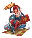  1girl bike breasts brown_hair choker cleavage elbow_gloves fingerless_gloves food hat league_of_legends long_hair pepperoni pizza pizza_deilvery_sivir pizza_delivery ponytail purple_eyes red_legwear shirt_around_waist sivir stuffed_crust thighhighs 