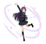  ;d ahoge arm_up black_jacket black_legwear black_skirt brown_footwear clenched_hand floating_hair full_body grin headband high-waist_skirt jacket kneehighs leg_up long_hair neck_ribbon official_art one_eye_closed open_mouth pleated_skirt pointy_ears purple_hair red_eyes red_ribbon ribbon school_uniform shirt shoes simple_background skirt smile solo standing standing_on_one_leg sword_art_online sword_art_online:_code_register uniform very_long_hair white_background white_shirt yuuki_(sao) 