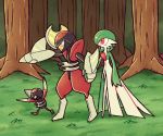  arms_up bisharp black_eyes from_side full_body gardevoir gen_3_pokemon gen_5_pokemon grass green_hair holding_hands open_mouth outdoors outstretched_arm pawniard pokemon pokemon_(creature) red_eyes shiwo_(siwosi) short_hair standing tears tree walking 