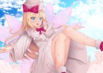  :d absurdres blonde_hair blue_eyes blue_sky bow bowtie capelet cherry_blossoms cloud cloudy_sky commentary day dress dutch_angle eyebrows_visible_through_hair eyes_visible_through_hair fairy_wings feet_out_of_frame flower frilled_capelet frills gradient_sky hair_between_eyes hat hat_bow highres knees_up lens_flare light_rays lily_white long_hair long_sleeves looking_at_viewer open_mouth outdoors outstretched_arms petals red_bow red_neckwear red_ribbon ribbon shoe_ribbon sky smile solo sonia_(fetusdream) spread_arms sun sunlight tongue touhou upper_teeth white_dress white_footwear white_hat wide_sleeves wings 