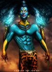  blue_skin claws clothed clothing deity ear_piercing forehead_eyes glowing glowing_eyes jewelry looking_at_viewer magic male multi_arm multi_limb necklace not_furry piercing shiva solo the-last-phantom topless yellow_eyes 