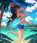  :d ahoge animal animal_on_head arm_up bare_arms bare_legs bare_shoulders barefoot bay black_hair blue_eyes blue_sky bracelet cloud day denim denim_shorts earrings fang ganaha_hibiki hair_ribbon hamster hamuzou holding holding_microphone hoop_earrings idolmaster idolmaster_(classic) imjayu jewelry leaf leg_up light_particles long_hair looking_at_viewer looking_to_the_side microphone music navel ocean on_head open_mouth orange_ribbon palm_tree ribbon shiny shiny_skin shore short_shorts shorts singing sky sleeveless smile standing standing_on_one_leg tree very_long_hair water 