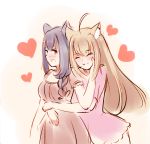  :3 :d ^_^ ahoge animal_ears blonde_hair blue_hair braid cat_ears closed_eyes commentary cuddling dress hand_on_another's_cheek hand_on_another's_face heart hexunart hug hug_from_behind long_hair multiple_girls open_mouth original pink_dress short_sleeves simple_background sketch smile yuri 
