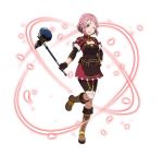  ;d apron black_gloves boots breasts brown_apron brown_footwear brown_shorts dress full_body gloves hair_ornament hairclip hand_on_hip holding holding_weapon knee_boots leg_up lisbeth medium_breasts official_art one_eye_closed open_mouth pink_hair red_dress red_eyes short_hair shorts simple_background smile solo standing standing_on_one_leg sword_art_online sword_art_online:_code_register warhammer weapon white_background 