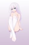  arm_at_side asa_ni_haru benghuai_xueyuan blue_eyes closed_mouth collarbone convenient_leg crossed_ankles feet full_body gradient gradient_background grey_background hand_on_own_chest highres long_hair looking_at_viewer naked_towel no_shoes nude see-through silver_hair sitting smile solo suggestive_fluid theresa_apocalypse thighhighs towel very_long_hair white_legwear 
