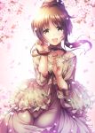  :d bare_shoulders blush brown_hair cherry_blossoms collarbone cowboy_shot day dress eyebrows_visible_through_hair floral_print frilled_dress frilled_sleeves frills grey_dress hair_bun hand_in_hair idolmaster idolmaster_cinderella_girls jewelry long_hair long_sleeves looking_at_viewer ment necklace off_shoulder open_mouth outdoors pendant petals rose_print shiny shiny_hair sidelocks sleeves_past_elbows smile solo spaghetti_strap spring_(season) standing strap_slip takamori_aiko tareme thigh_gap thighs 