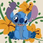  2017 4_fingers 4_toes alien blue_claws blue_eyes blue_fur blue_nose blue_pawpads claws digital_drawing_(artwork) digital_media_(artwork) disney experiment_(species) flower fur gypsiied hibiscus lilo_and_stitch looking_at_viewer notched_ear open_mouth open_smile pawpads plant signature simple_background sitting smile solo stitch toes 