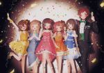  1boy 4jirou 5girls absurdres ahoge alcohol alternate_costume amami_haruka anniversary arm_at_side arm_up armpits bare_arms bare_legs bare_shoulders black_jacket black_pants blue_dress blush blush_stickers bow bowtie breasts brown_hair champagne closed_eyes closed_mouth color_connection color_coordination commentary_request confetti cup dress dress_pants dress_shirt drink facial_hair feet_out_of_frame gakuen_idolmaster goatee hair_bow hanami_saki hand_up hands_up height_difference high_heels high_side_ponytail highres holding holding_cup holding_drink idolmaster idolmaster_(classic) idolmaster_cinderella_girls idolmaster_million_live! idolmaster_shiny_colors idolmaster_side-m jacket kasuga_mirai light_smile lineup long_bangs long_hair medium_bangs medium_breasts medium_hair multiple_girls no_nose off-shoulder_dress off_shoulder one_eye_closed open_clothes open_jacket open_mouth orange_bow orange_dress pants parted_lips pink_dress pink_wrist_cuffs red_hair sakuragi_mano shimamura_uzuki shirt short_bangs short_hair side_ponytail sleeveless sleeveless_dress smile standing standing_on_one_leg star_(symbol) straight-on straight_hair suit suit_jacket swept_bangs tendo_teru two_side_up undershirt wavy_hair white_shirt white_undershirt wrist_cuffs yellow_bow yellow_dress yellow_footwear yellow_wrist_cuffs 