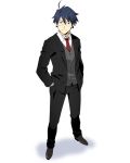  black_jacket black_pants blue_hair formal from_above full_body glasses grey_footwear hair_between_eyes hands_in_pockets jacket log_horizon looking_at_viewer male_focus necktie official_art open_clothes open_jacket pants red_neckwear shiroe shirt shoes smile solo standing transparent_background white_shirt 
