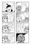  &gt;_&lt; 4koma :3 bangs bkub blush comic expressionless eyebrows_visible_through_hair greyscale hair_ornament hairclip halftone hands_on_own_chin hands_on_own_head highres holding holding_paper long_hair monochrome multiple_4koma multiple_girls necktie paper pointing programming_live_broadcast pronama-chan reading shaded_face shirt short_hair simple_background smile speech_bubble sweatdrop talking translation_request twintails two-tone_background undone_necktie 