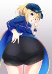  ahoge artoria_pendragon_(all) ass black_shorts blonde_hair blue_eyes blue_hat commentary_request eyebrows_visible_through_hair fate/grand_order fate_(series) hat highres long_sleeves looking_at_viewer mysterious_heroine_x one_eye_closed shorts teasing tongue tongue_out y_y-sea-m_m 