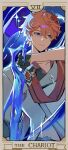  1boy 42u16 absurdres black_gloves blue_eyes card_(medium) closed_mouth crossed_bangs earrings genshin_impact gloves hair_between_eyes highres holding holding_weapon jacket jewelry male_focus mask mask_on_head orange_hair red_mask red_scarf scarf single_earring solo sparkle tarot tarot_(medium) tartaglia_(genshin_impact) the_chariot_(tarot) upper_body weapon 