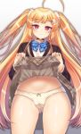  absurdres ahoge alternate_costume ass_visible_through_thighs azur_lane bad_id bad_pixiv_id bangs blazer blonde_hair blue_bow blush bow bow_panties bowtie breasts choker closed_mouth collared_shirt commentary_request eldridge_(azur_lane) expressionless eyebrows_visible_through_hair facial_mark from_below hair_ornament hairclip highres jacket kisshii_(kic1224) lifted_by_self long_hair long_sleeves looking_at_viewer navel panties plaid plaid_skirt polka_dot polka_dot_panties red_eyes school_uniform shirt sidelocks simple_background skindentation skirt skirt_lift small_breasts solo stomach thighhighs thighs twintails underwear very_long_hair white_shirt 
