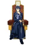  bag black_footwear blue_hair crossed_legs full_body glasses hair_between_eyes log_horizon looking_at_viewer male_focus official_art round_table_concil_uniform shiroe sitting smile solo transparent_background uniform 