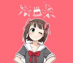  ;) amami_haruka bangs blunt_bangs blush bow bowtie brown_hair cake candle closed_mouth eyebrows_visible_through_hair food grey_shirt hair_bow head_tilt highres idolmaster idolmaster_(classic) junsuina_fujunbutsu looking_at_viewer one_eye_closed outline party_popper pink_background pink_bow red_bow red_neckwear sailor_collar school_uniform serafuku shirt short_hair simple_background smile solo tareme upper_body white_outline white_sailor_collar 