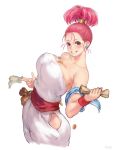  bare_shoulders between_breasts between_fingers blush bouncing_breasts breasts brown_eyes coin collarbone cropped_legs dragon_quest dragon_quest_iii dress earrings grin hair_ornament holding holding_paper jewelry large_breasts looking_at_viewer looking_to_the_side merchant_(dq3) number paper pink_hair pouch sash short_hair shu-mai simple_background smile solo standing strapless strapless_dress topknot white_background white_dress wristband 