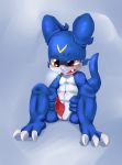  2017 anthro blue_body blush claws digimon male open_mouth penis poku precum red_eyes red_penis saliva sitting solo veemon white_body 