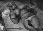  anthro argonian balls bed big_balls clothing greyscale horn loincloth male melee_weapon monochrome muscular muscular_male pecs polearm rowf scalie solo spear the_elder_scrolls underwear video_games weapon 
