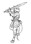  angry anthro armor belt black_and_white bracers clothed clothing digitigrade female guoh isabelle_(guoh) kobold lizard melee_weapon monochrome quilted_tunic reptile scalie solo sword tail_pouch thick_tail toeless_footwear tunic weapon 