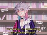  1boy :3 akemi_homura bishounen blue_eyes blue_hair blush bookshelf censored coat diamond_choker english_commentary english_text eyelashes figure gavis_bettel gavis_bettel_(1st_costume) grey_hair hair_between_eyes heterochromia highres holostars holostars_english i&#039;m_something_of_a_scientist_myself_(meme) identity_censor kaname_madoka looking_at_viewer lumy_bell mahou_shoujo_madoka_magica male_focus medium_hair meme multicolored_coat multicolored_hair pink_eyes pink_hair puff_of_air scarf smile solo striped_coat upper_body vertical-striped_coat virtual_youtuber white_scarf 