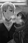  1girl ayakura_juu beard cape closed_eyes couple craft_lawrence eyebrows_visible_through_hair facial_hair greyscale holo hood hooded indoors monochrome novel_illustration official_art parted_lips spice_and_wolf upper_body waiting_for_kiss 
