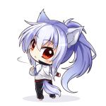  animal_ears bangs barefoot black_pants blush chibi closed_mouth commentary_request eyebrows_visible_through_hair hair_between_eyes jacket long_hair looking_at_viewer looking_back original pants ponytail red_eyes shachoo. silver_hair solo standing tail track_jacket track_pants track_suit very_long_hair white_background white_jacket wolf_ears wolf_girl wolf_tail 