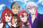  1girl 3boys ahoge artist_name black_hair blue_eyes blue_fire blue_hair blue_sky blush coat colored_inner_hair crimzon_ruze diamond_choker dress earrings elizabeth_rose_bloodflame eyelashes eyeshadow fangs fire gavis_bettel gavis_bettel_(1st_costume) gloves grey_hair grin group_picture hair_between_eyes happy heterochromia highres hololive hololive_english holostars holostars_english huge_ahoge ibisiro jewelry long_hair looking_at_viewer machina_x_flayon machina_x_flayon_(1st_costume) makeup medium_hair multicolored_coat multicolored_hair multiple_boys open_mouth parted_lips pink_eyes pink_eyeshadow pink_hair red_eyes red_hair scarf short_hair signature sky slit_pupils smile striped_coat teeth two-tone_hair upper_body vertical-striped_coat virtual_youtuber white_scarf 