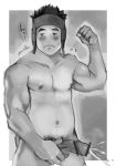  1boy bara blush character_request cum erection male_focus monochrome nipples nude penis solo sweat tagme testicles tofu(artist) 