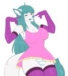  &lt;3 bikini boots bra bulge canine choppah clothed clothing dickgirl fluffy footwear gloves green_hair green_nose green_tongue hair herm intersex kitsunewaffles-chan long_tail looking_at_viewer mammal me!me!me! panties pink_eyes rubber skimpy solo spandex swimsuit tight_clothing underwear wolf 