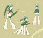  beige_background blue_hair character_name english flower full_body gallade gardevoir gen_3_pokemon gen_4_pokemon green_hair hand_up hands_up highres hug multicolored_hair open_mouth pokemon pokemon_(creature) red_eyes shiwo_(siwosi) short_hair simple_background smile standing thinking two-tone_hair 
