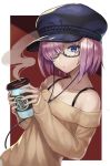  :o alternate_costume bare_shoulders beppu_mitsunaka black-framed_eyewear black_hair black_hat bra_strap cabbie_hat cable casual coffee_cup collarbone cup disposable_cup earphones fate/grand_order fate_(series) glasses hair_over_one_eye hat highres holding holding_cup long_sleeves looking_at_viewer mash_kyrielight off-shoulder_sweater off_shoulder open_mouth outside_border purple_eyes semi-rimless_eyewear shiny shiny_hair shoes short_hair sleeves_past_wrists solo steam sweater two-handed two-tone_background under-rim_eyewear yellow_sweater 