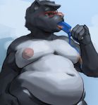  anthro belly big_belly canine dessert food hair ice_cream male mammal nipples nude open_mouth outside overweight overweight_male rowf solo standing tongue tongue_out 