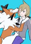  1boy absurdres blonde_hair blue_background claws grey_eyes highres licking licking_another&#039;s_face light_blush lycanroc lycanroc_(dusk) male_focus one_eye_closed pants papurikagakusyu paulo_(pokemon) pokemon pokemon_(creature) pokemon_masters_ex purple_pants simple_background tongue 