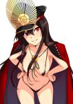  absurdres black_hair breasts covered_nipples cowboy_shot fate/grand_order fate_(series) grin hands_on_hips haruhisky hat highres large_breasts leaning_forward long_hair looking_at_viewer navel oda_nobunaga_(fate) oda_nobunaga_(swimsuit_berserker)_(fate) parted_lips peaked_cap red_eyes shiny shiny_skin simple_background slingshot_swimsuit smile solo swimsuit white_background 