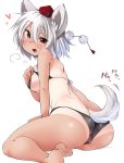  &lt;3 2015 aki_(akikaze_asparagus) animal_humanoid bikini blush breasts butt camel_toe clothed clothing female fur grey_fur grey_hair hair hat humanoid looking_at_viewer momiji_inubashiri open_mouth red_eyes simple_background sitting solo suntan swimsuit touhou white_background wolf_humanoid 