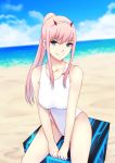  aqua_eyes bangs beach between_legs box breasts cloud cloudy_sky collarbone darling_in_the_franxx day eyebrows_visible_through_hair freonclayr hairband hand_between_legs horns large_breasts long_hair ocean on_box pink_hair ponytail sidelocks sitting sitting_on_box sky smile solo swimsuit white_hairband white_swimsuit zero_two_(darling_in_the_franxx) 
